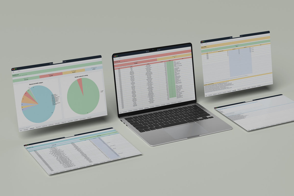 Self Employed Tax Log UK Excel template, Expense Log tab on a laptop screen