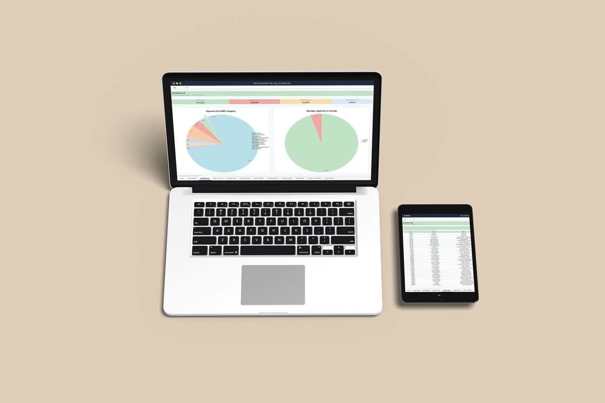 Self-Employed Tax Log UK Excel template on a MacBook and iPad