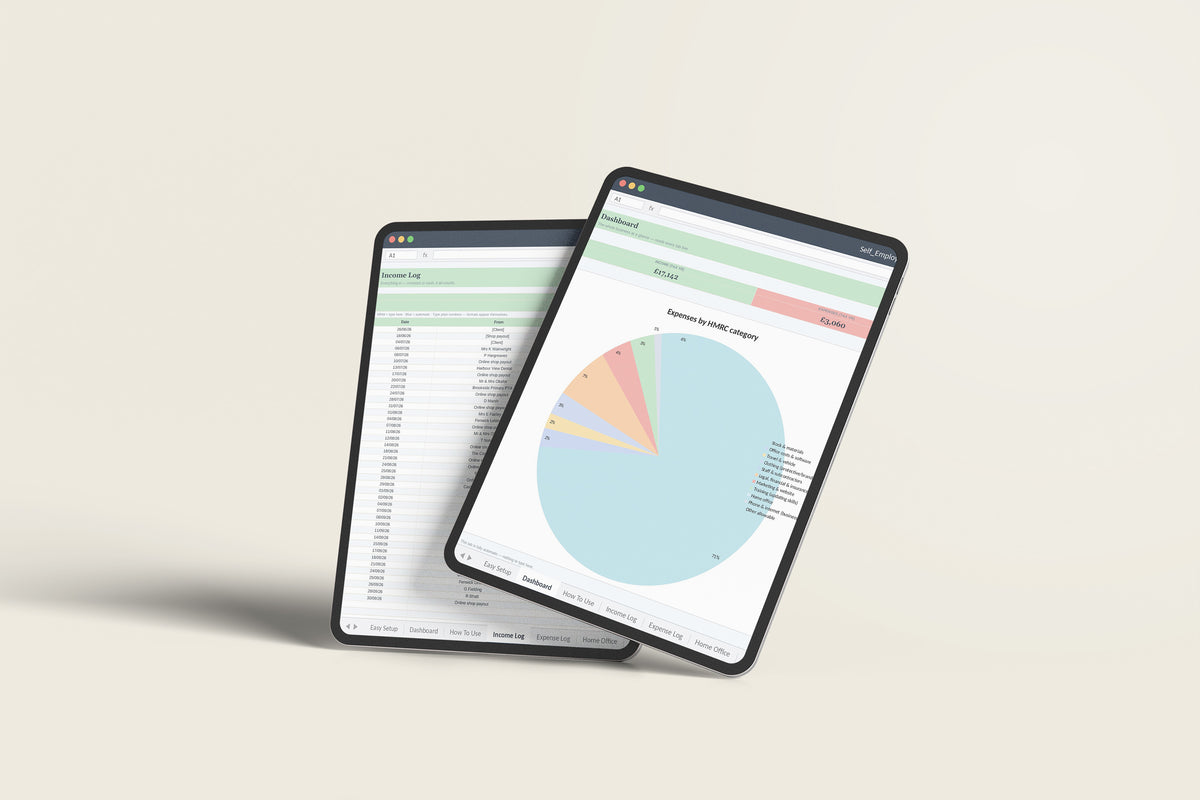 Self-Employed Tax Log UK Excel template on an iPad Pro