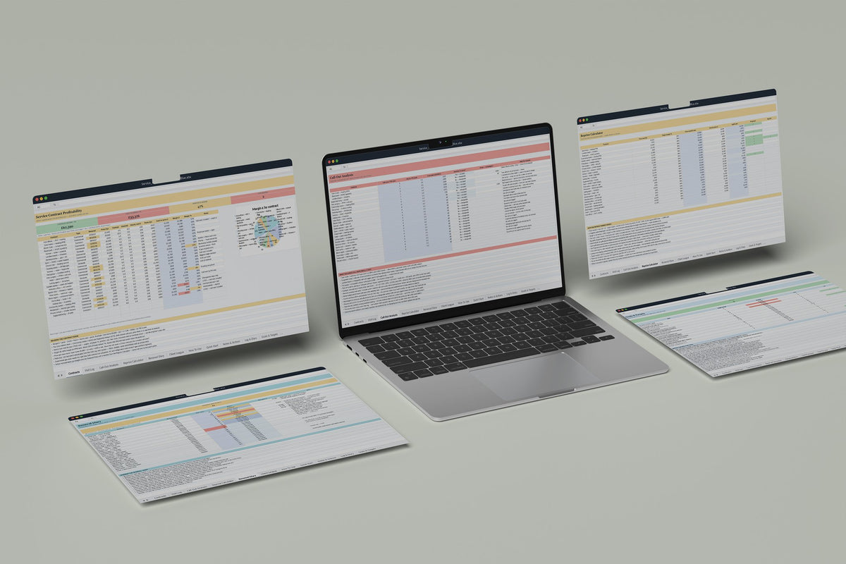 Service Contract Profitability Excel template, Call Out Analysis tab on a laptop screen