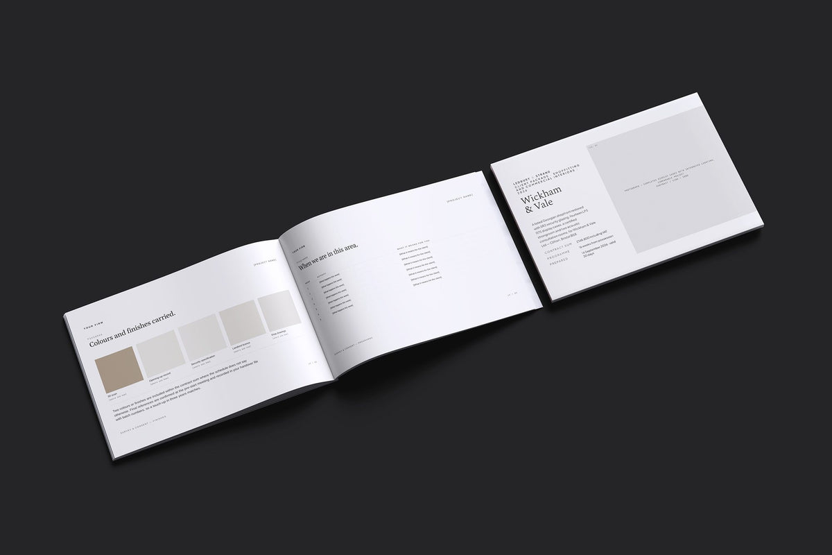 Shopfitting Client Package, Ivory colourway, cover and inside spread mockup