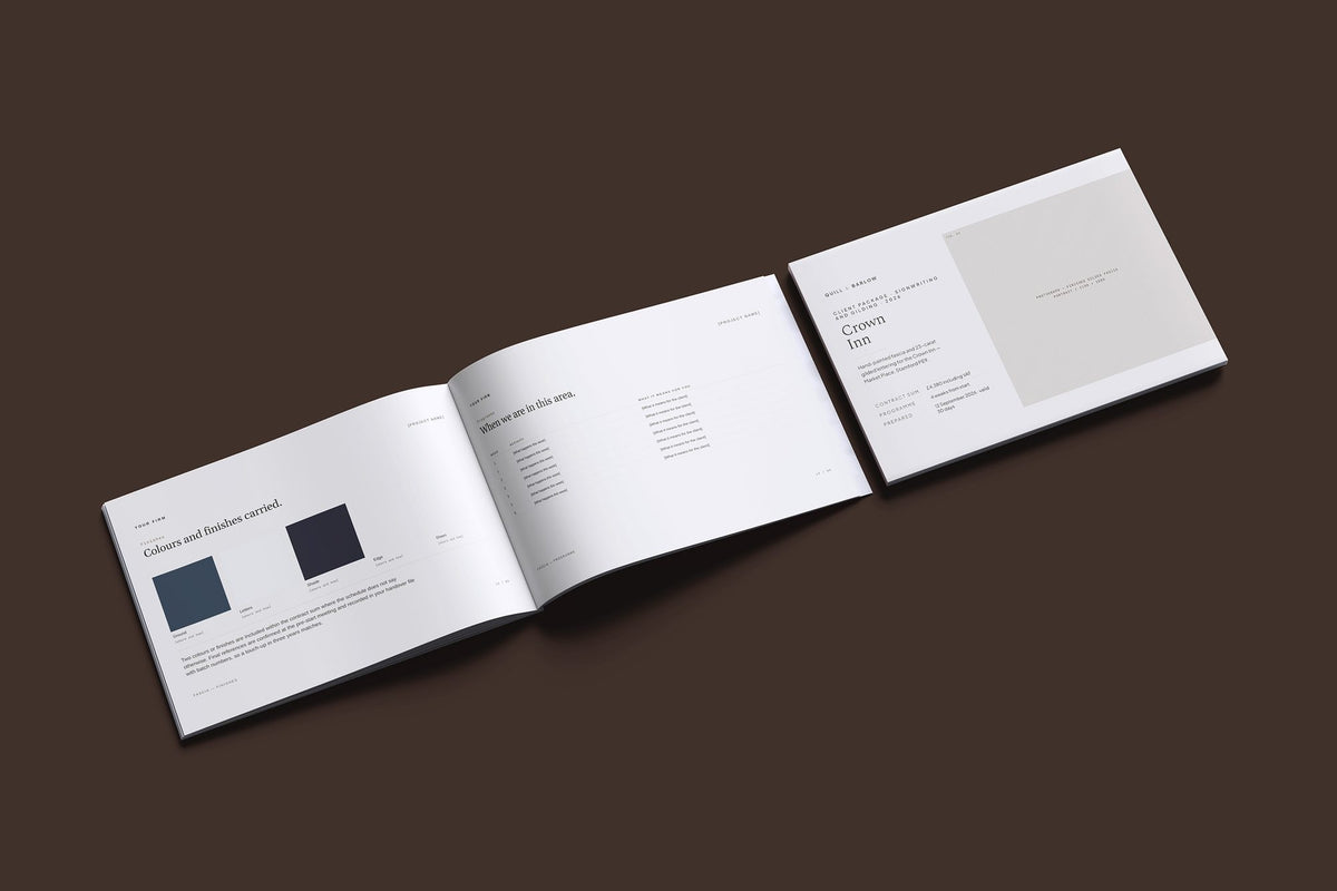Signwriting and Gilding Client Package, Oat colourway, cover and inside spread mockup