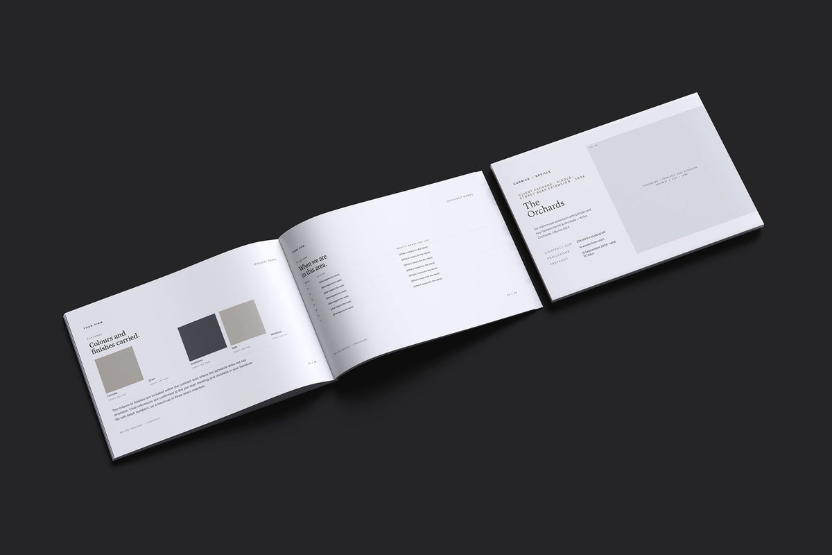 Single Storey Extension Client Package, Slate colourway, cover and inside spread mockup
