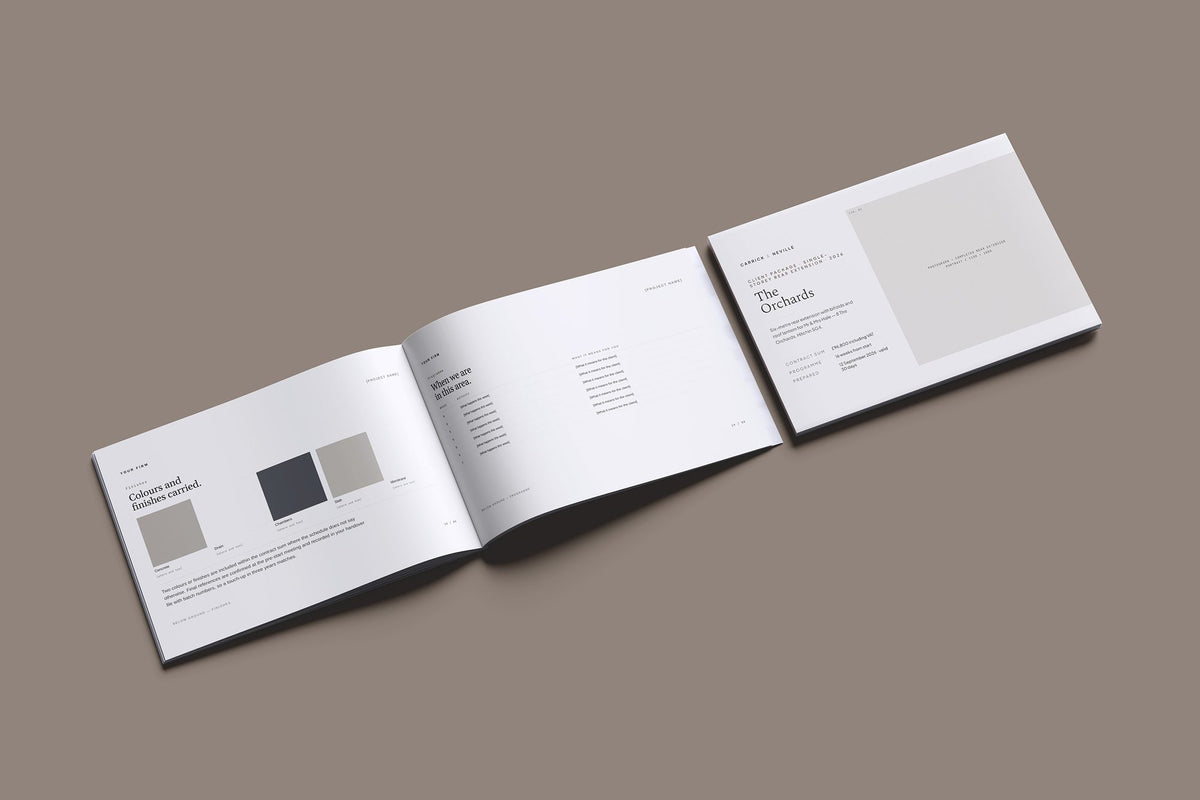 Single Storey Extension Client Package, Standard colourway, cover and inside spread mockup