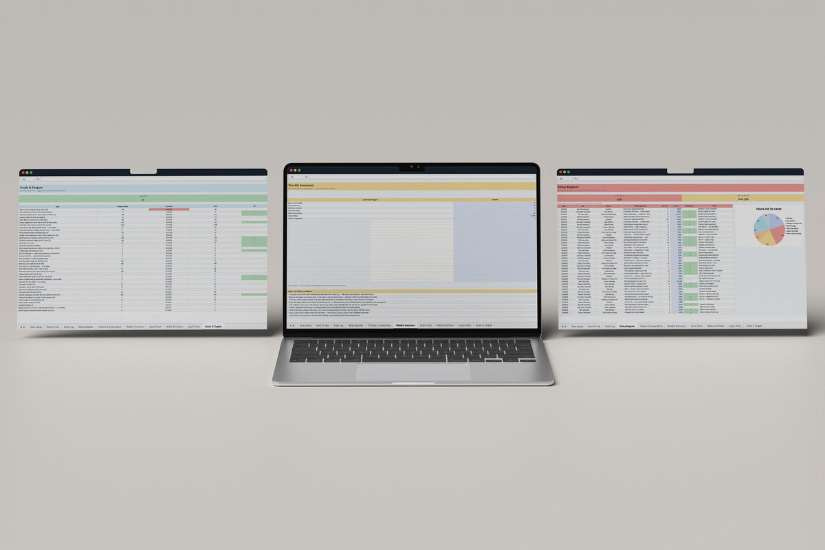 Site Diary Excel template, Weekly Summary tab on a laptop screen