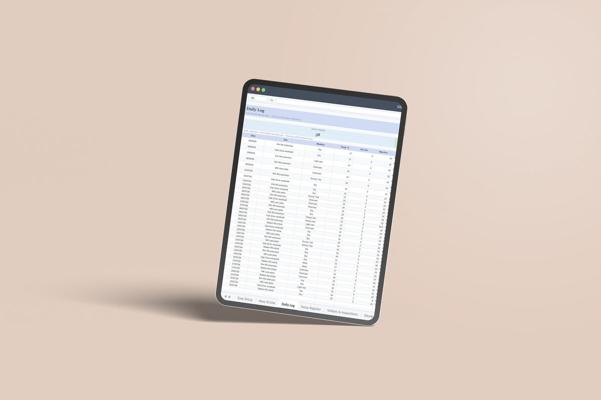 Site Diary Excel template on an iPad Pro
