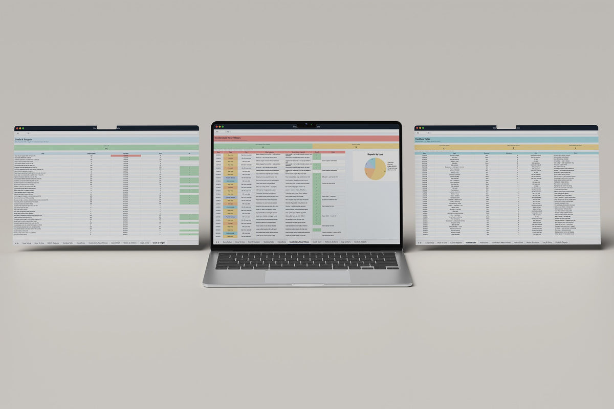 Site Safety Register Excel template, Incidents and Near Misses tab on a laptop screen