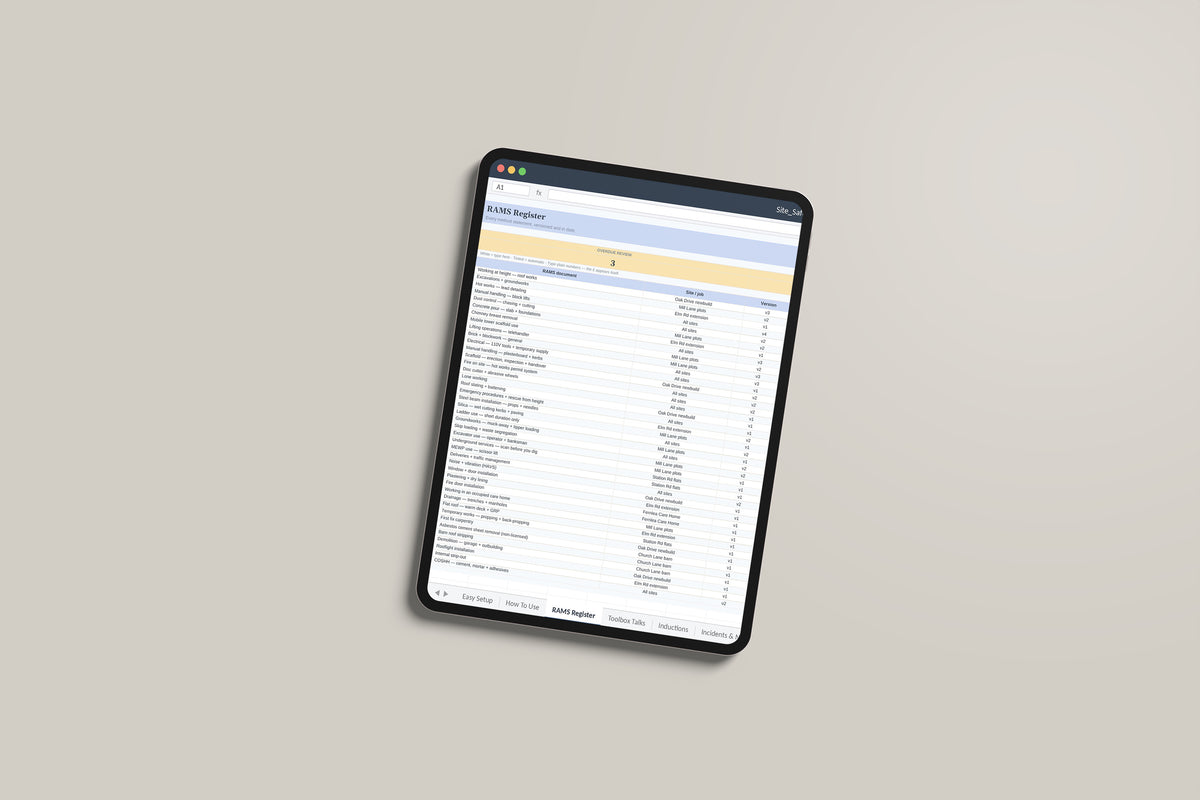 Site Safety Register Excel template on an iPad Pro