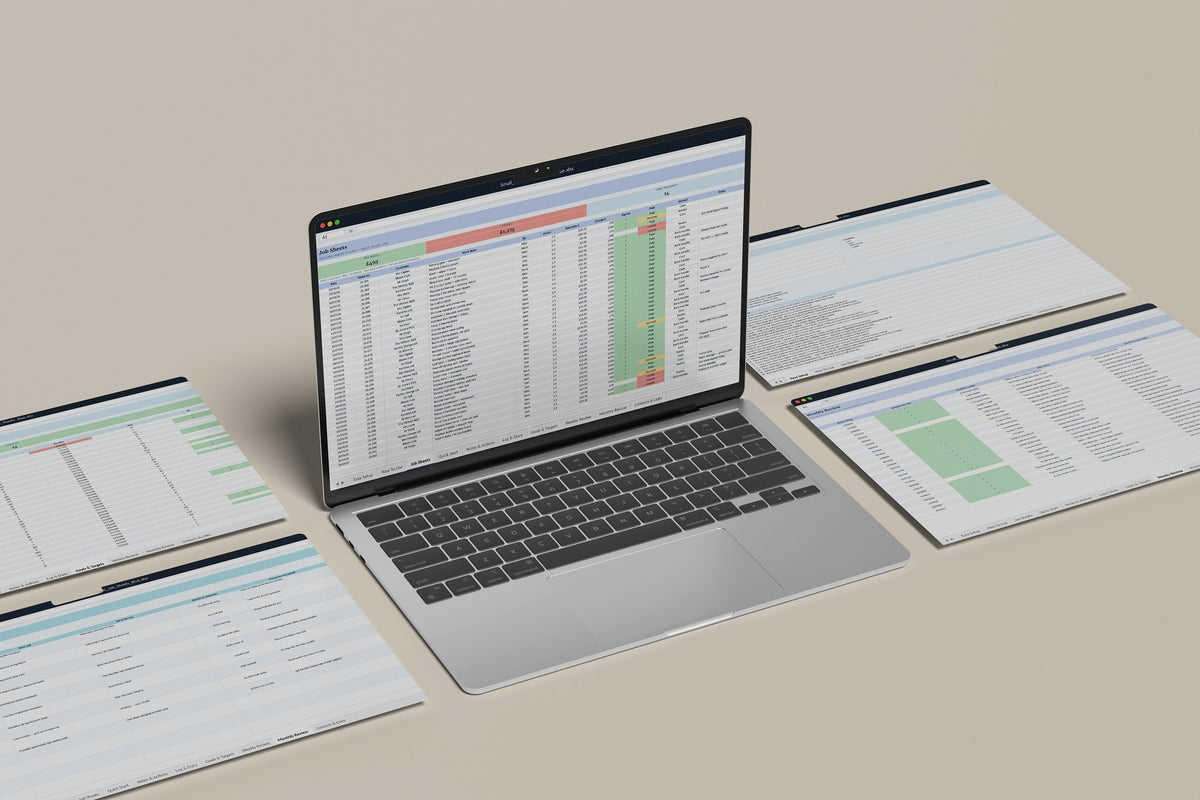 Small Works Job Sheets Excel template, Job Sheets tab on a laptop screen