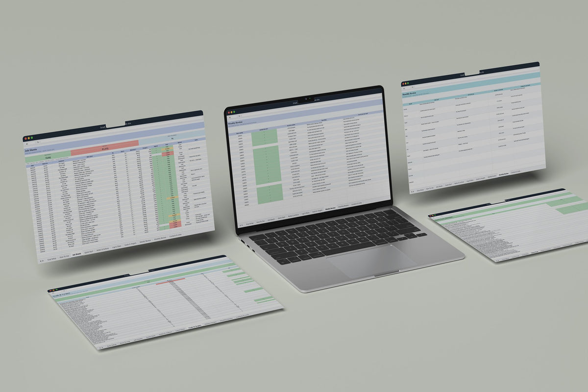 Small Works Job Sheets Excel template, Weekly Review tab on a laptop screen