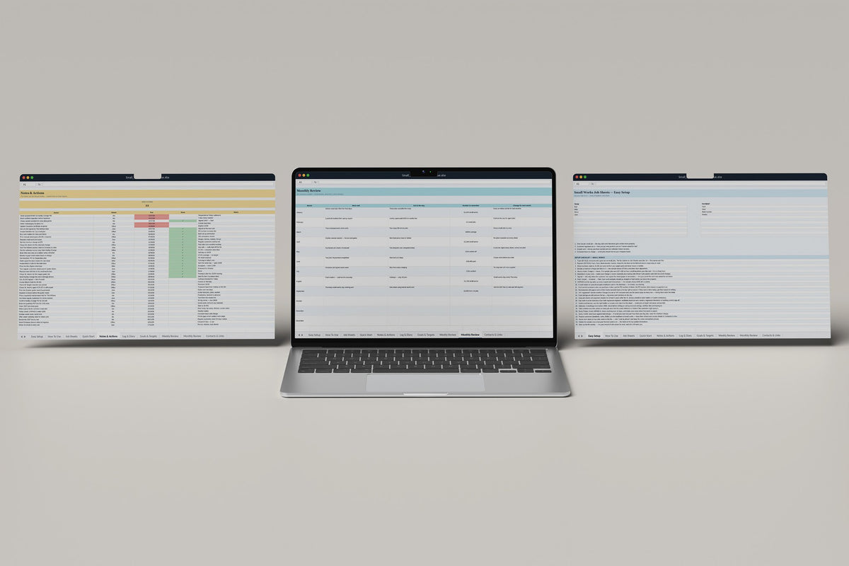 Small Works Job Sheets Excel template, Monthly Review tab on a laptop screen