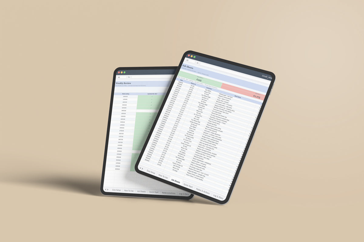 Small Works Job Sheets Excel template on an iPad Pro