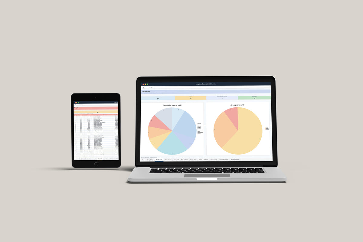 Snagging and Defects List Excel template on a MacBook and iPad
