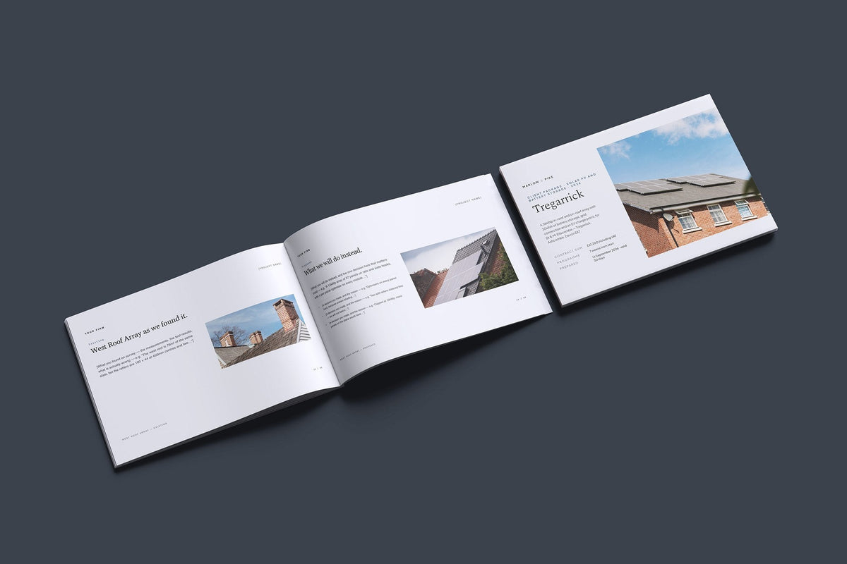 Solar and Battery Client Package, Slate colourway, cover and inside spread mockup