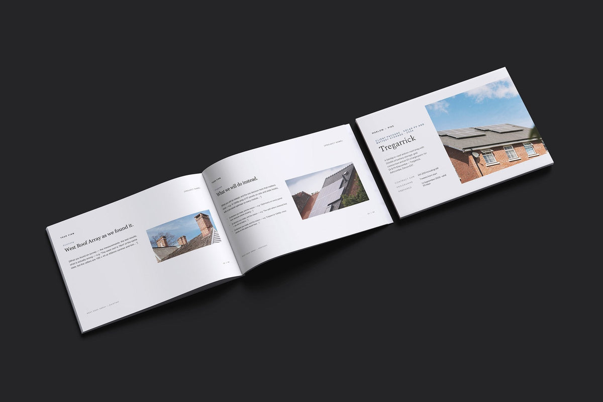 Solar and Battery Client Package, Standard colourway, cover and inside spread mockup