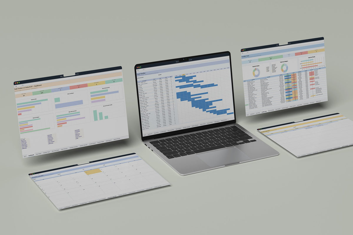 Solar and EV Task Tracker 2.0 Excel template, Gantt Timeline tab on a laptop screen