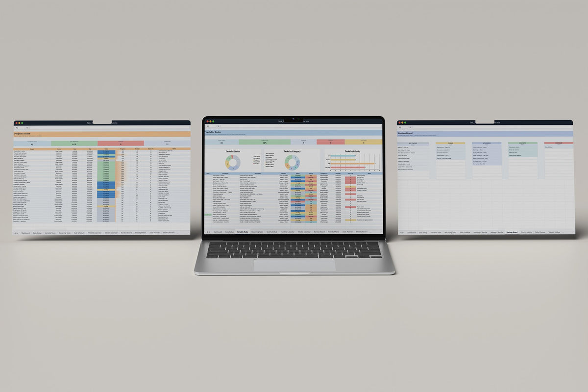 Solar and EV Task Tracker 2.0 Excel template, Variable Tasks tab on a laptop screen