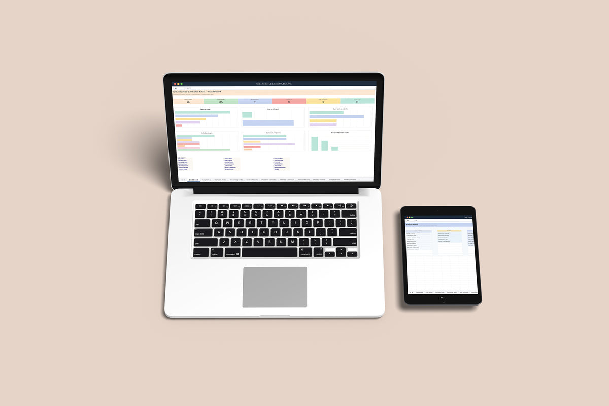 Task Tracker 2.0 - Solar and EV Excel template on a MacBook and iPad