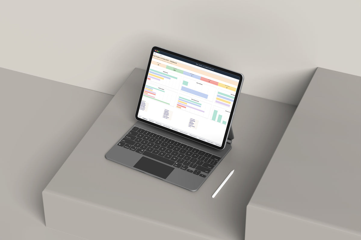 Task Tracker 2.0 - Solar and EV Excel template on an iPad with keyboard