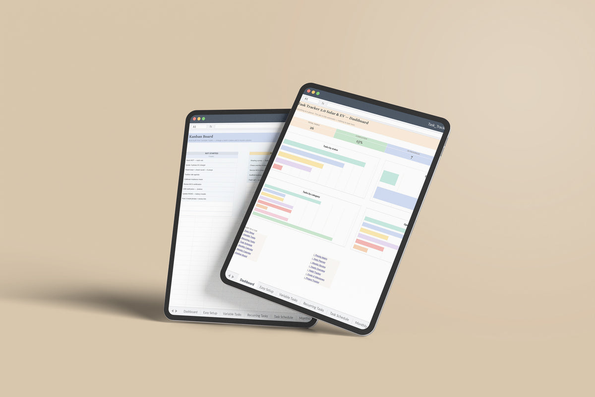 Task Tracker 2.0 - Solar and EV Excel template on an iPad Pro