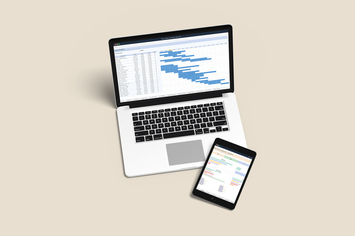 Task Tracker 2.0 - Solar and EV Excel template on a MacBook and iPad, second view