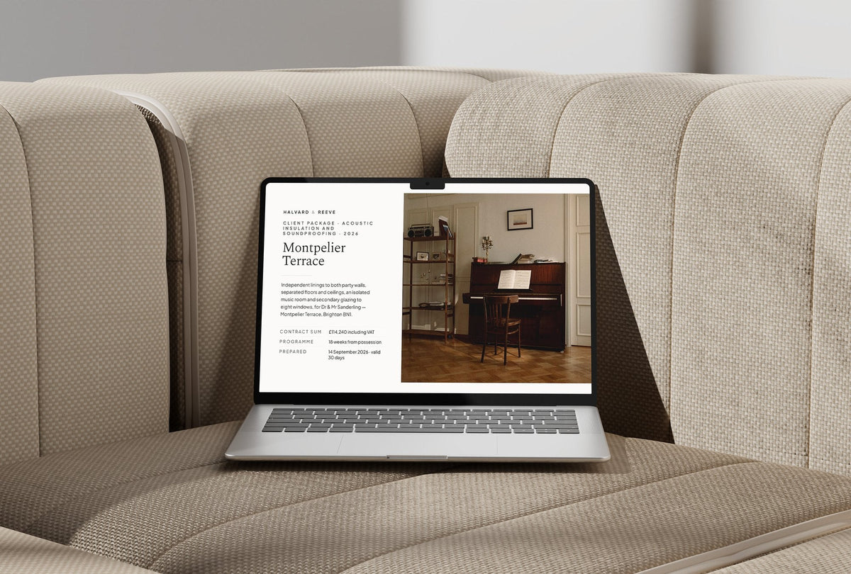 Soundproofing Client Package, Ivory colourway, laptop screen mockup