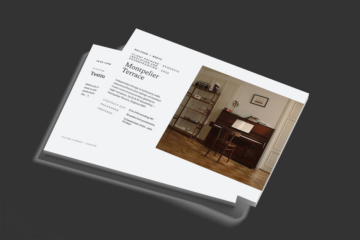 Soundproofing Client Package, Slate colourway, stacked books mockup