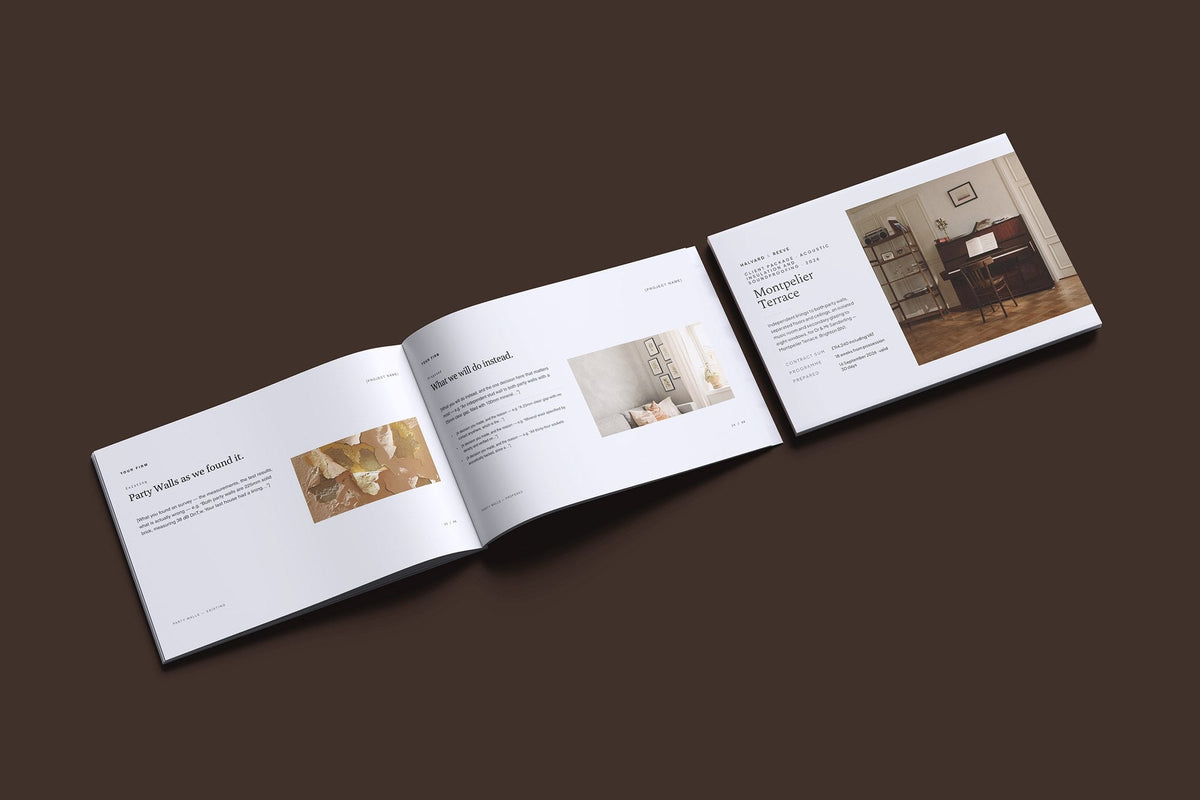 Soundproofing Client Package, Slate colourway, cover and inside spread mockup