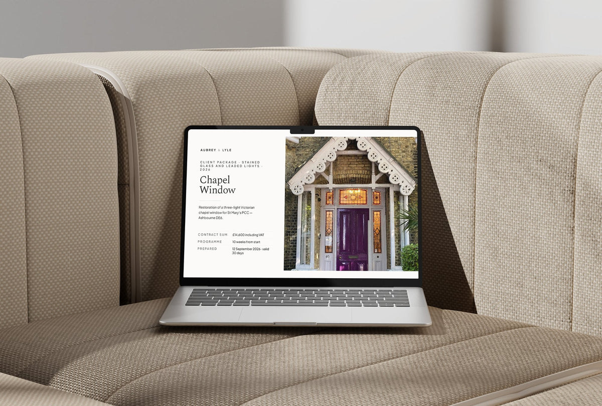 Stained Glass and Leaded Lights Client Package, Ivory colourway, laptop screen mockup