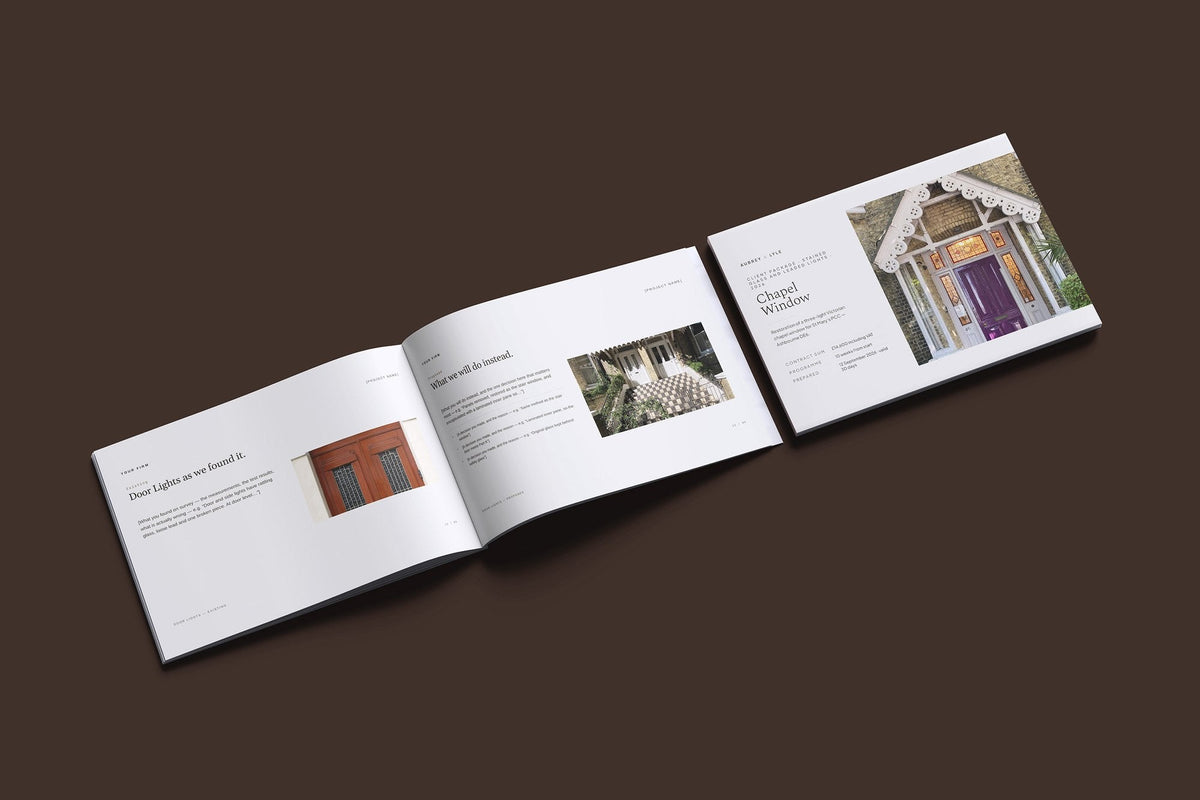 Stained Glass and Leaded Lights Client Package, Oat colourway, cover and inside spread mockup