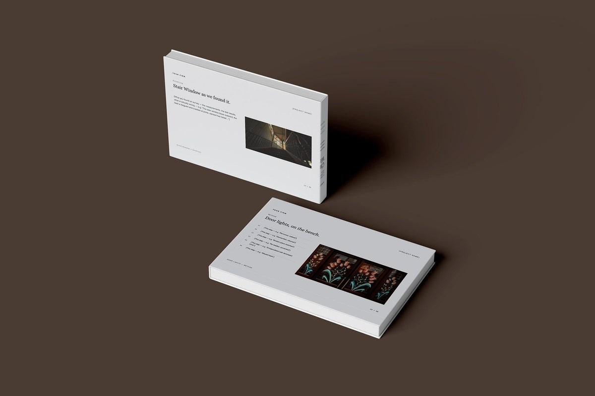 Stained Glass and Leaded Lights Client Package, Slate colourway, floating books mockup