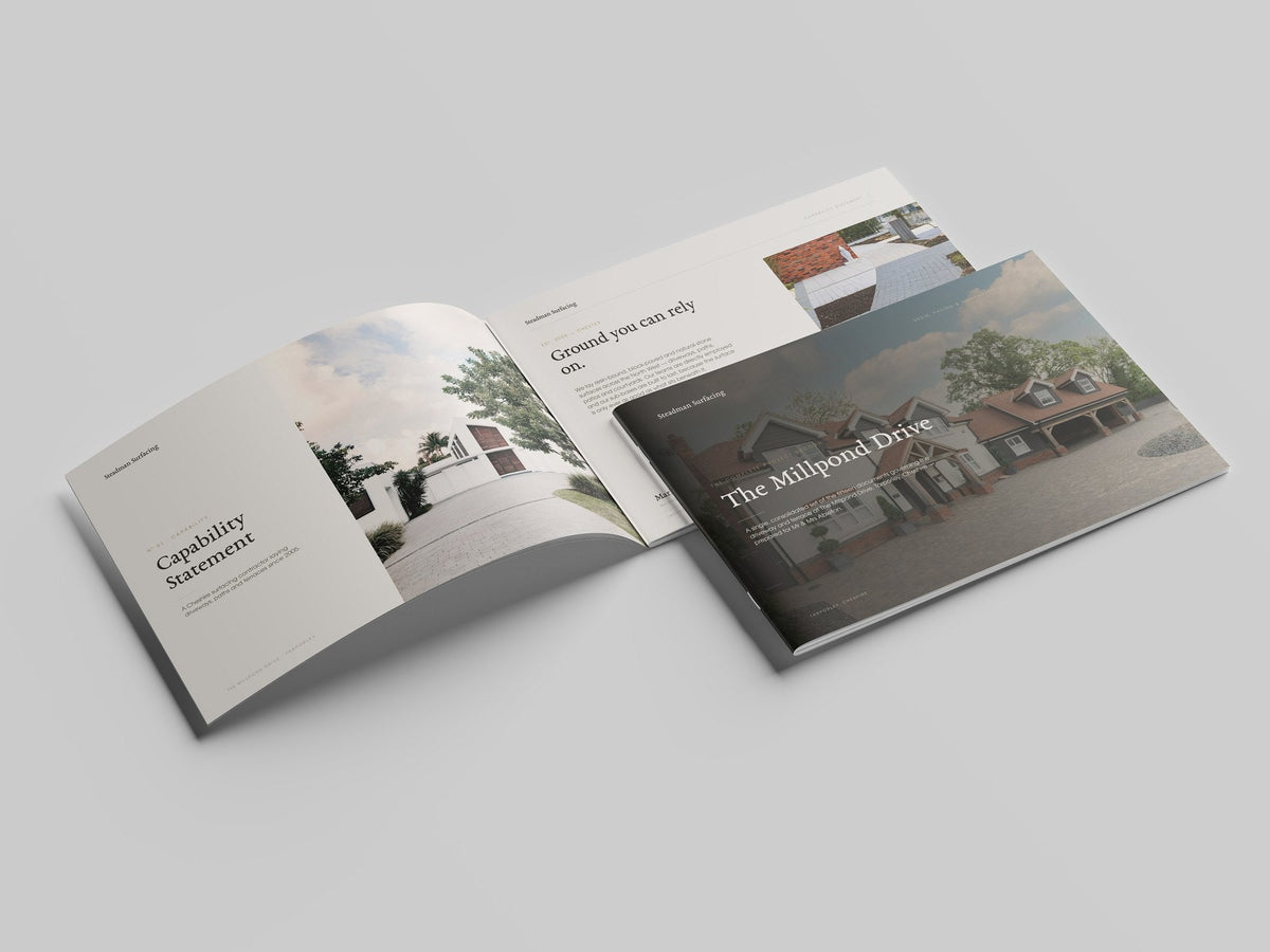 Driveway & Surfacing Contractor Project Pack in PowerPoint, printed and open at the first pages