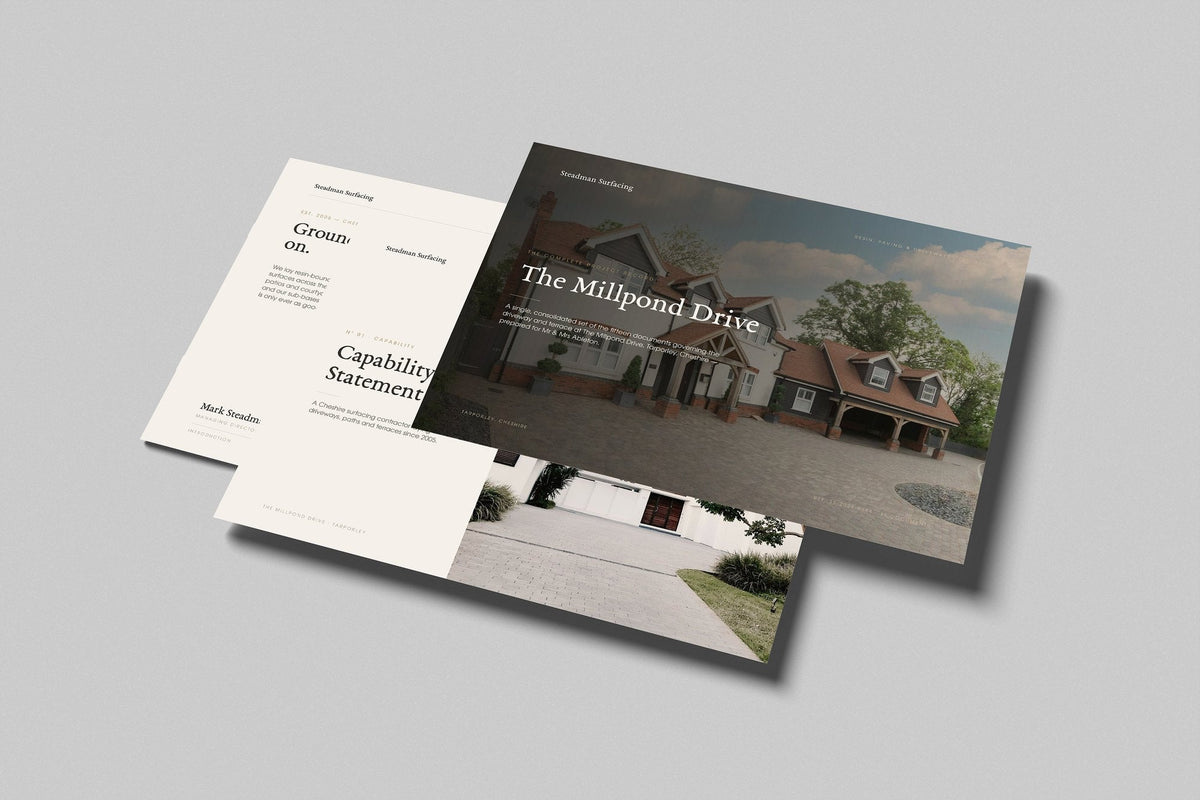 Driveway & Surfacing Contractor Project Pack in PowerPoint, printed pages floating