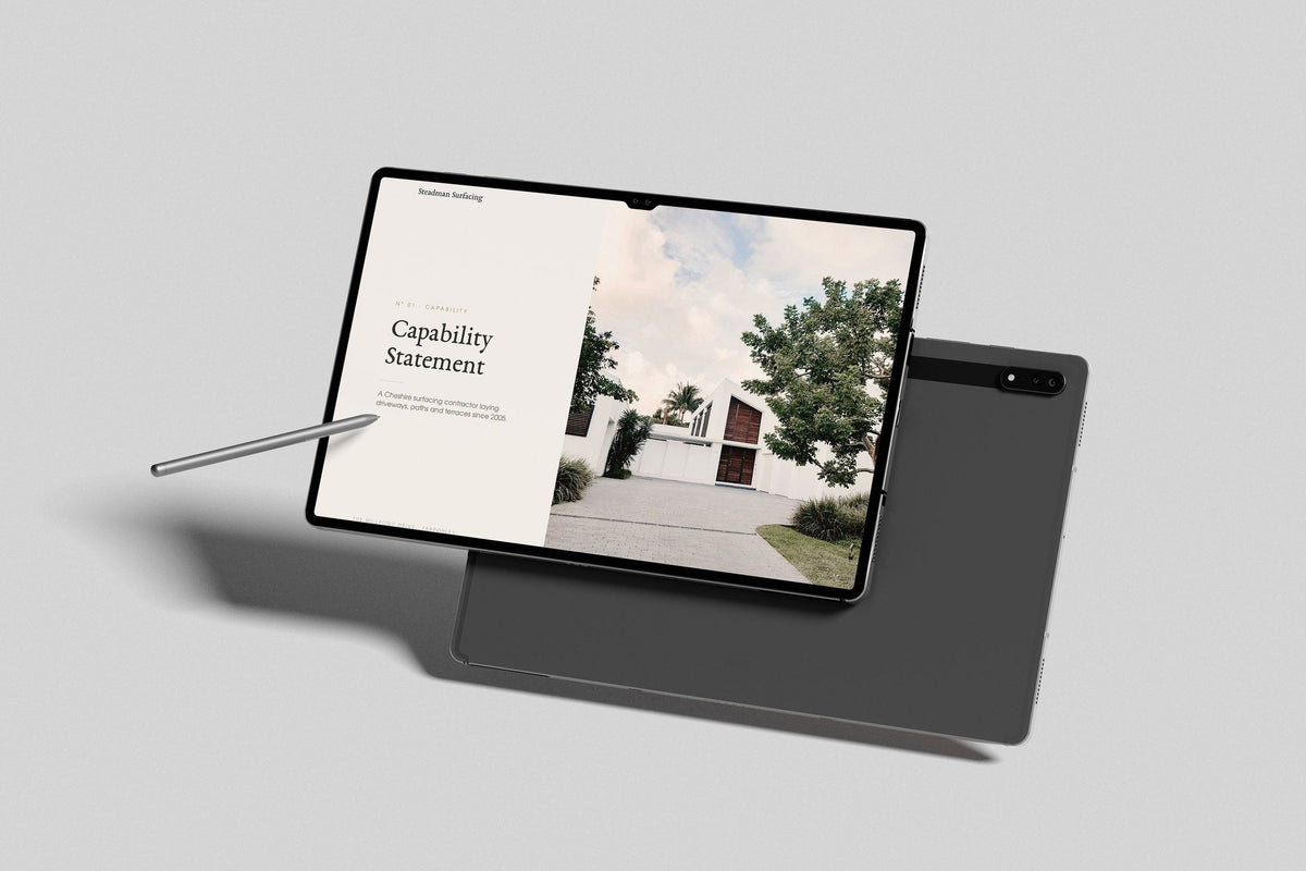 Driveway & Surfacing Contractor Project Pack in PowerPoint, inside pages shown on a tablet