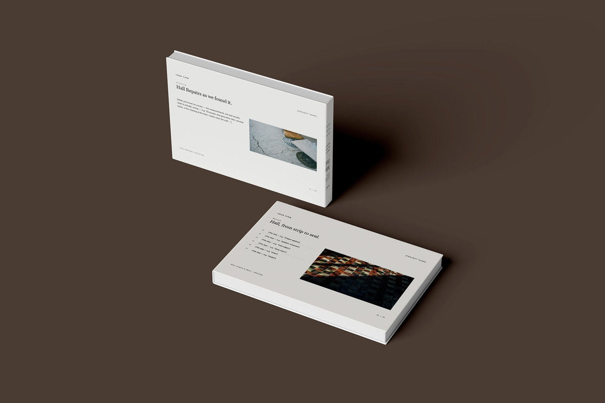 Stone Floor Restoration Client Package, Ivory colourway, floating books mockup