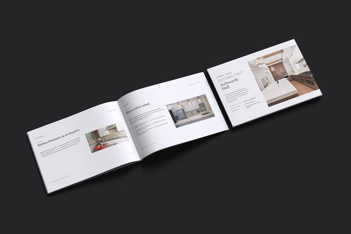 Stone Worktops Client Package, Ivory colourway, cover and inside spread mockup