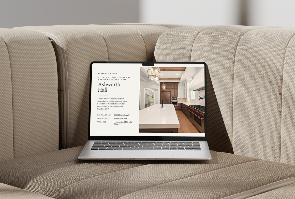 Stone Worktops Client Package, Oat colourway, laptop screen mockup