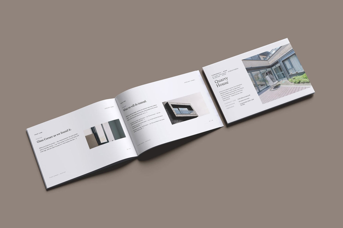 Structural Glazing Client Package, Standard colourway, cover and inside spread mockup