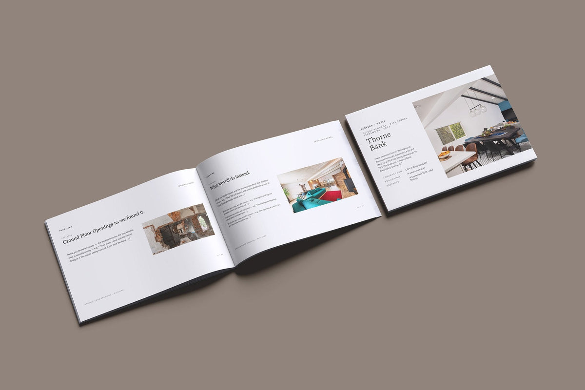 Structural Steel Client Package, Ivory colourway, cover and inside spread mockup