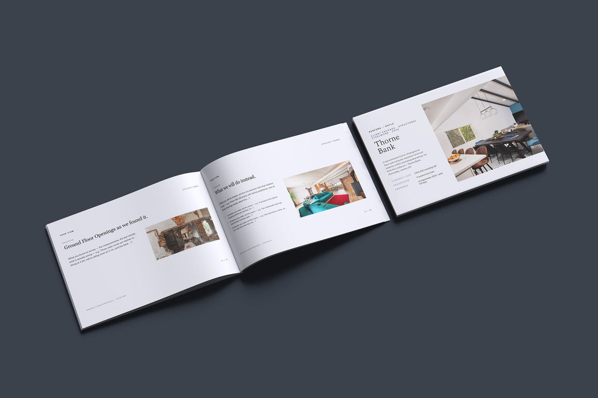 Structural Steel Client Package, Slate colourway, cover and inside spread mockup