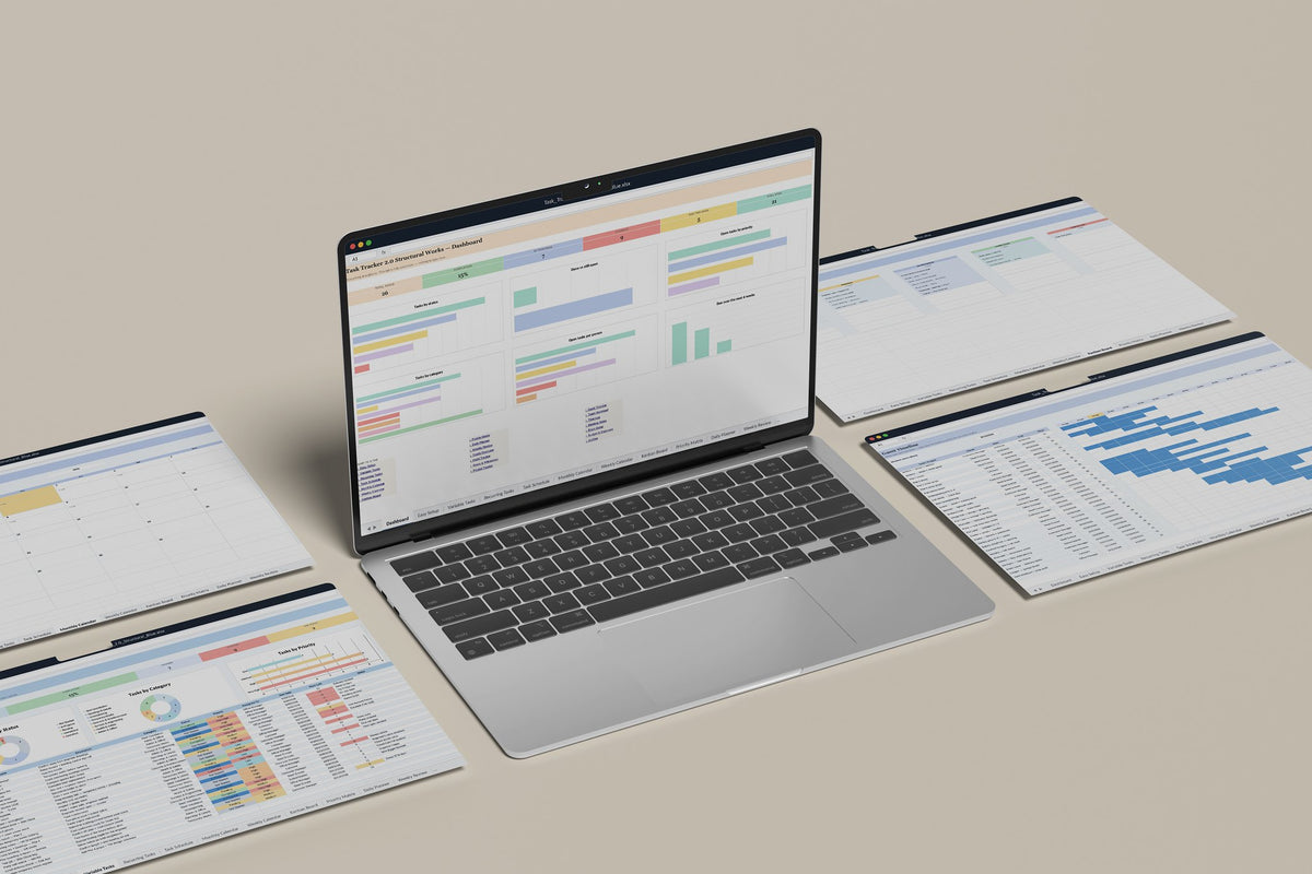 Structural Works Task Tracker 2.0 Excel template, Dashboard tab on a laptop screen
