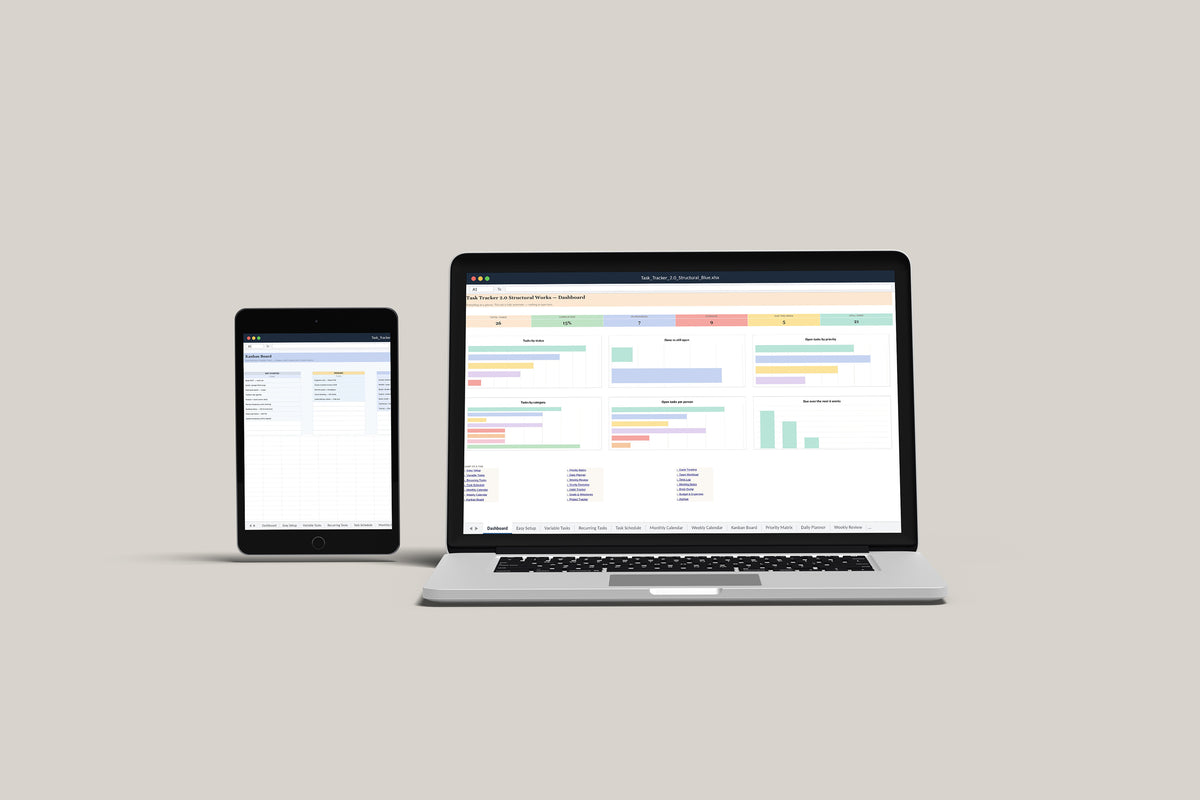 Task Tracker 2.0 - Structural Excel template on a MacBook and iPad