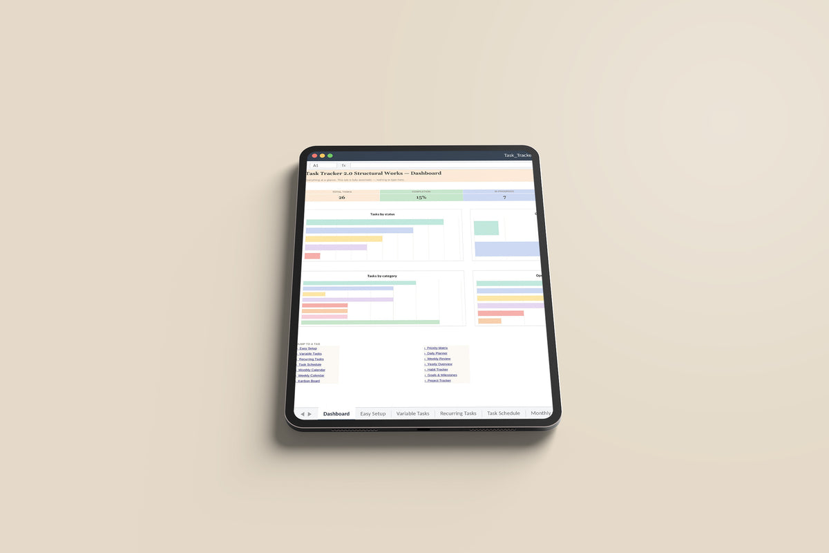 Task Tracker 2.0 - Structural Excel template on an iPad Pro