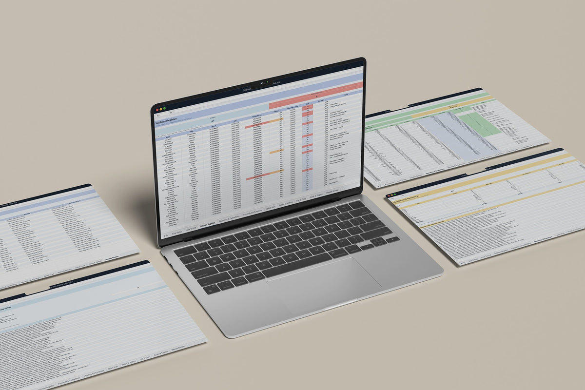 Subcontractor CIS Tracker Excel template, Subbies Register tab on a laptop screen