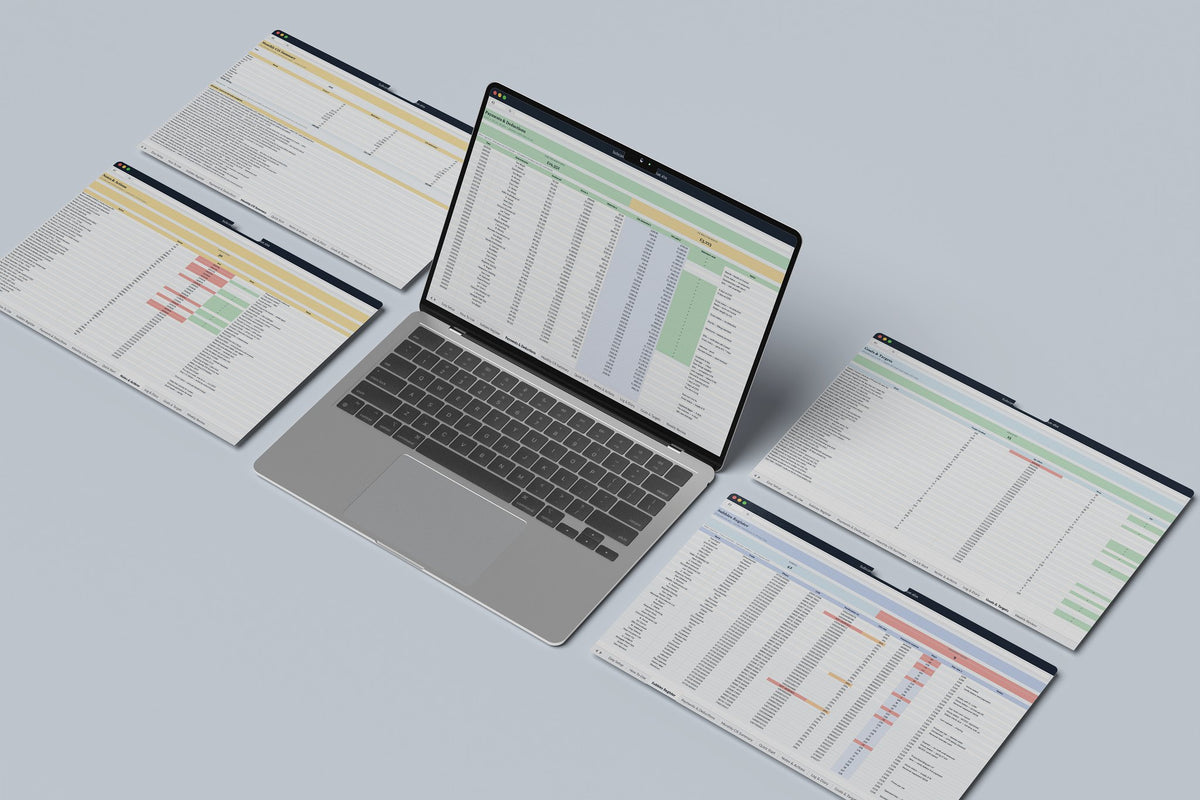 Subcontractor CIS Tracker Excel template, Payments and Deductions tab on a laptop screen