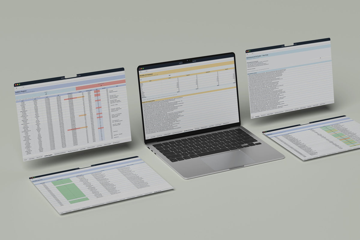 Subcontractor CIS Tracker Excel template, Monthly CIS Summary tab on a laptop screen