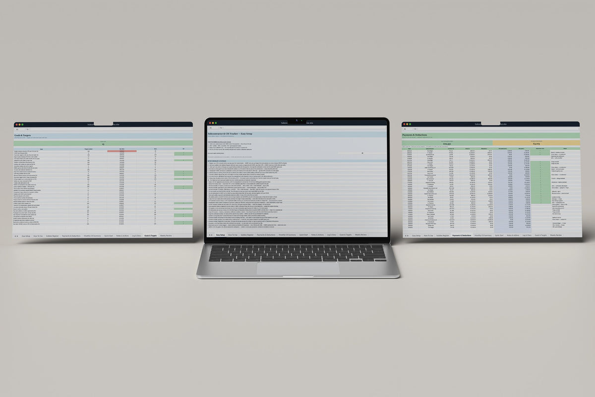Subcontractor CIS Tracker Excel template, Easy Setup tab on a laptop screen