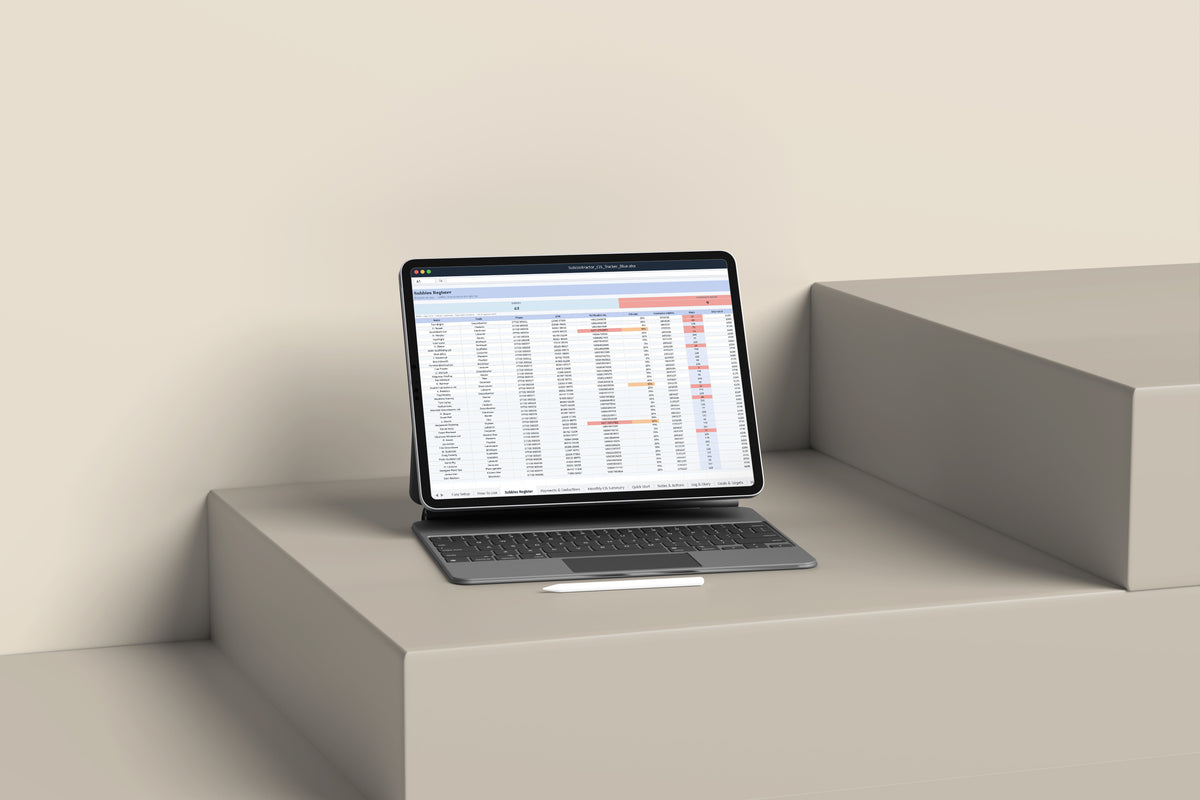 Subcontractor CIS Tracker Excel template on an iPad with keyboard