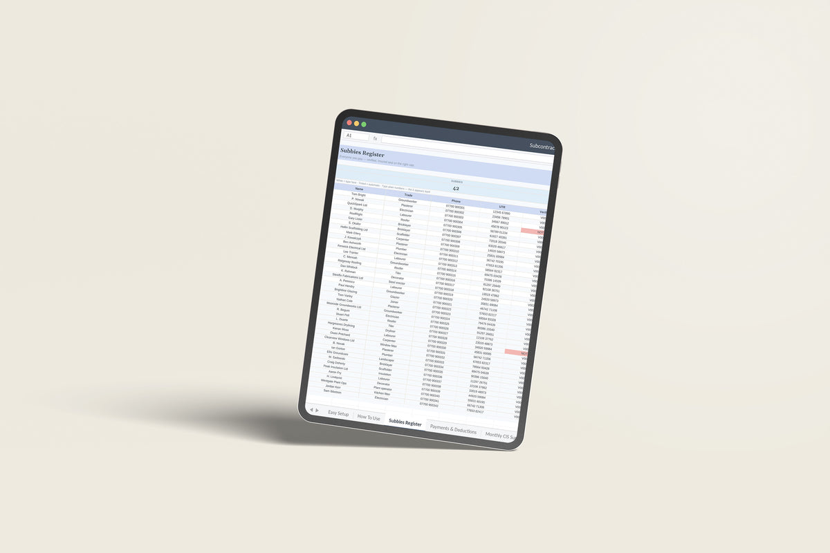 Subcontractor CIS Tracker Excel template on an iPad Pro