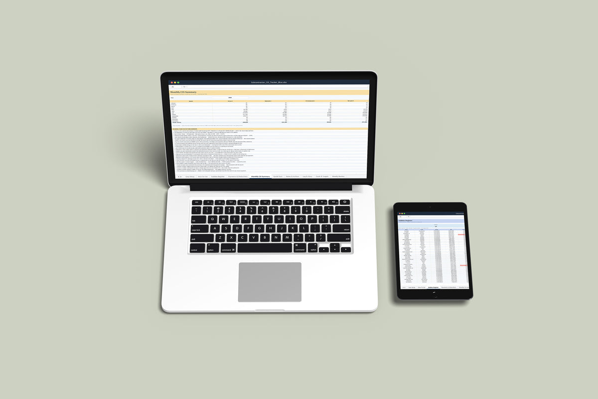 Subcontractor CIS Tracker Excel template on a MacBook and iPad, second view